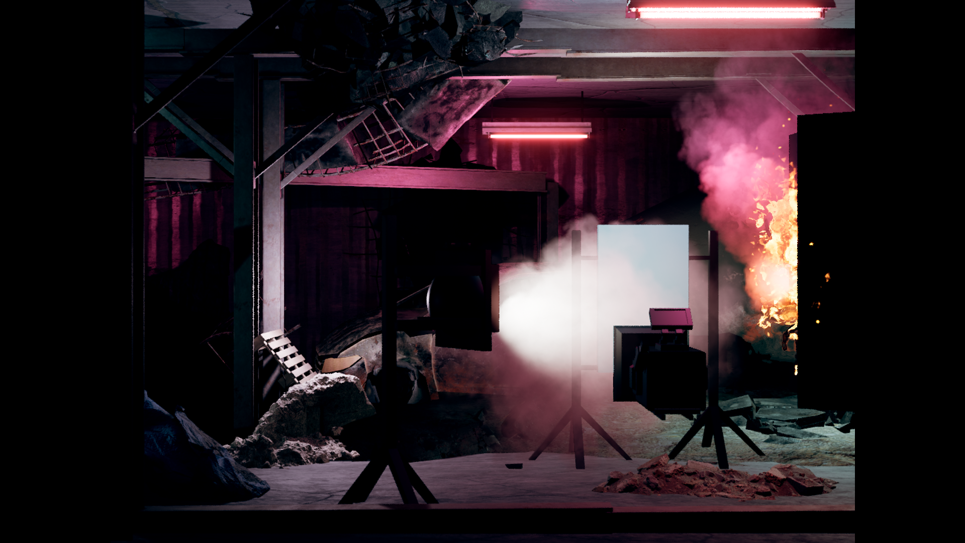 The Embodiment of Land — staged set with neon, smoke and fire